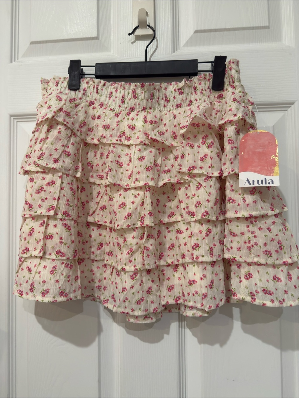 Cream and Pink Ditsy Floral Print Tiered Ruffle Mini Skirt NWT